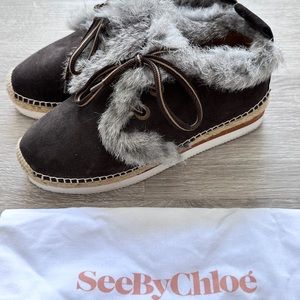 SEE BY CHLOÉ Glyn Rabbit Fur Trim Suede Lace-Up Espadrille sz 35